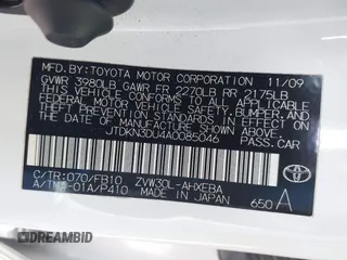 2010 Toyota Prius II with VIN JTDKN3DU4A0085046, listed as a IAAI auction lot 41980123 with 188,882 mi miles. Bid and sale history available at carsss.com. Image 9.