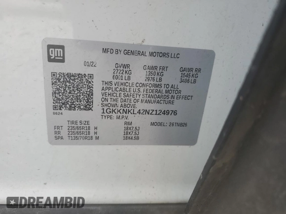 2022 GMC Acadia SLE with VIN 1GKKNKL42NZ124976, listed as a Copart auction lot 63765894 with 67,166 mi miles and Salvage title. Bid and sale history available at DreamBid. Image 15.