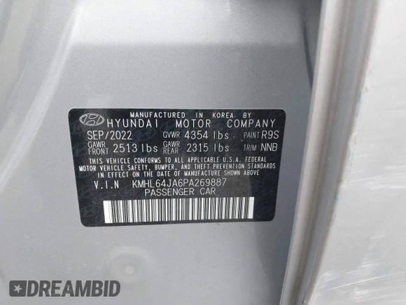 2023 Hyundai Sonata SEL with VIN KMHL64JA6PA269887, listed as a IAAI auction lot 41950447 with 31,218 mi miles and . Bid and sale history available at DreamBid. Image 9.