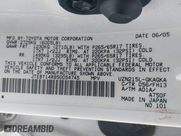 2005 Toyota 4Runner SR5 with VIN JTEBT14R850054745, listed as a IAAI auction lot 41349620 with 232,293 mi miles and . Bid and sale history available at DreamBid. Image 9.