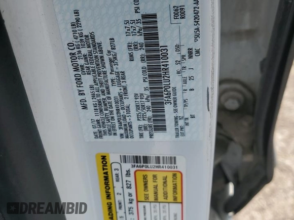 2017 Ford Fusion Hybrid SE with VIN 3FA6P0LU2HR410031, listed as a Copart auction lot 64358464 with Not provided miles and Clean title. Bid and sale history available at DreamBid. Image 12.