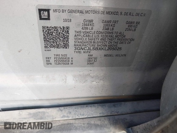 2019 Chevrolet Trax LT with VIN 3GNCJLSBXKL205025, listed as a IAAI auction lot 41855692 with 79,609 mi miles and . Bid and sale history available at carsss.com. Image 9.