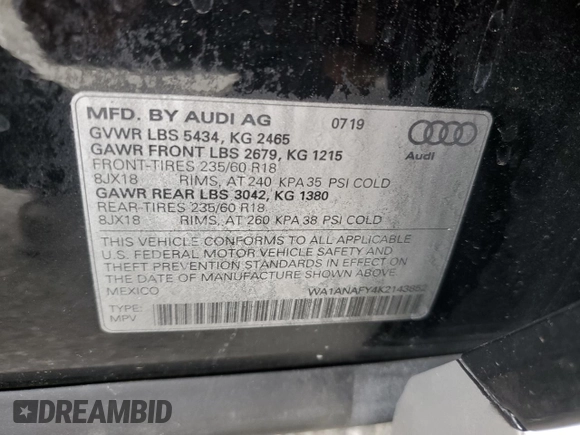 2019 Audi Q5 Premium z VIN WA1ANAFY4K2143852, wystawiony jako Copart lot #58657115 z przebiegiem 34 794 mil mil oraz Czysty tytuł • Clean title. Historia ofert i sprzedaży dostępna na DreamBid. Obrazek 13.