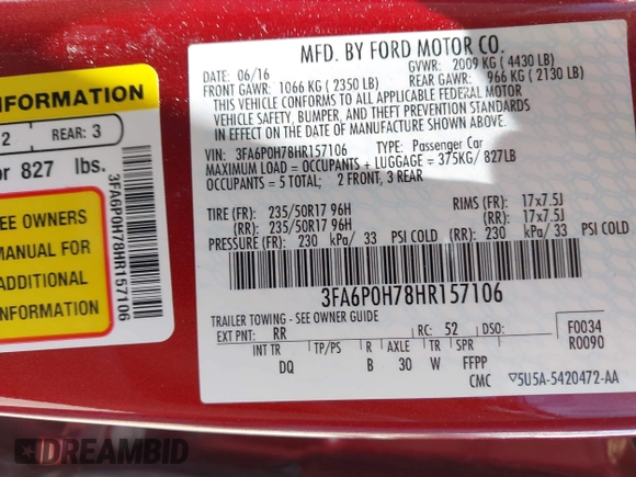2017 Ford Fusion SE with VIN 3FA6P0H78HR157106, listed as a IAAI auction lot 42088935 with 35,286 mi miles and . Bid and sale history available at DreamBid. Image 9.
