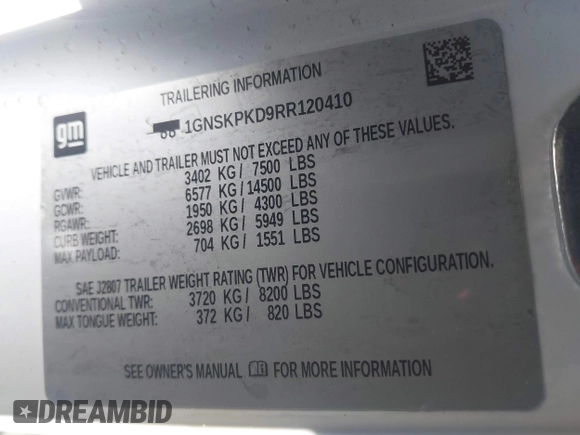 2024 Chevrolet Tahoe Z71 with VIN 1GNSKPKD9RR120410, listed as a IAAI auction lot 41642330 with 26,079 mi miles and . Bid and sale history available at DreamBid. Image 9.