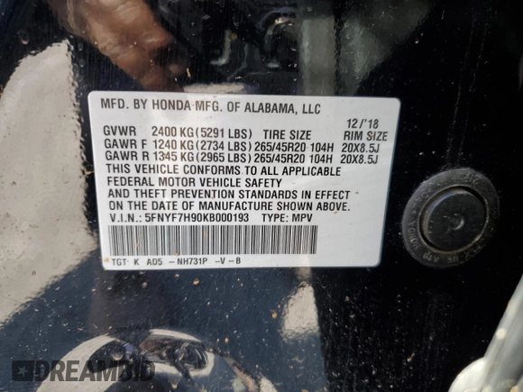2019 Honda Passport Touring with VIN 5FNYF7H90KB000193, listed as a Copart auction lot 52402915 with 120,968 mi miles and Salvage title. Bid and sale history available at DreamBid. Image 15.