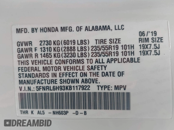 2019 Honda Odyssey Elite with VIN 5FNRL6H93KB117922, listed as a IAAI auction lot 41582622 with 25,327 mi miles and . Bid and sale history available at DreamBid. Image 9.