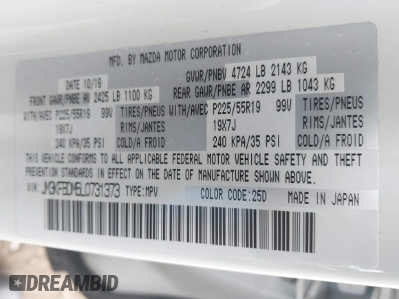 2020 Mazda CX-5 Grand Touring with VIN JM3KFBDM5L0731373, listed as a IAAI auction lot 41900567 with 31,268 mi miles and . Bid and sale history available at DreamBid. Image 9.