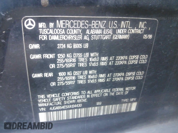 1999 Mercedes-Benz M 320/430/500 with VIN 4JGAB54E5XA124430, listed as a IAAI auction lot 41707727 with 176,293 mi miles and . Bid and sale history available at DreamBid. Image 9.