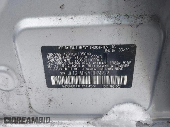 2012 Subaru Impreza Limited с VIN JF1GJAH67CH024222, выставлен на аукционе IAAI как лот 41479353 с пробегом 132 419 миль миль и . История ставок и продаж доступна на DreamBid. Изображение 9.