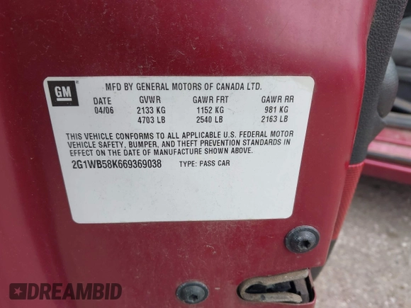 2006 Chevrolet Impala LS with VIN 2G1WB58K669369038, listed as a IAAI auction lot 42301780 with 161,635 mi miles and . Bid and sale history available at DreamBid. Image 9.