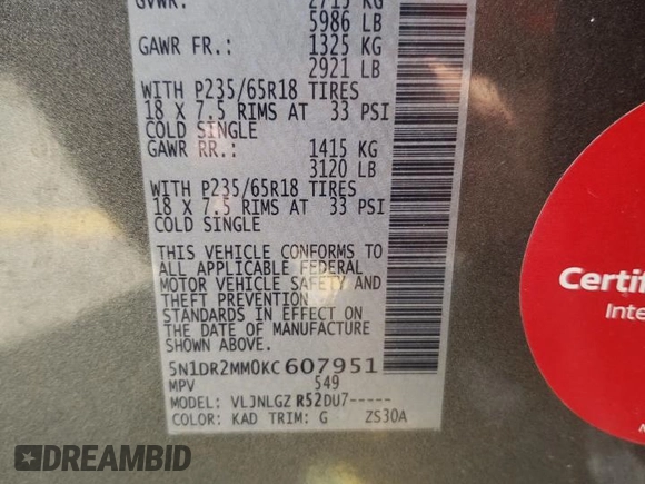 2019 Nissan Pathfinder S with VIN 5N1DR2MM0KC607951, listed as a Copart auction lot 62552925 with 86,510 mi miles and Salvage title. Bid and sale history available at DreamBid. Image 14.