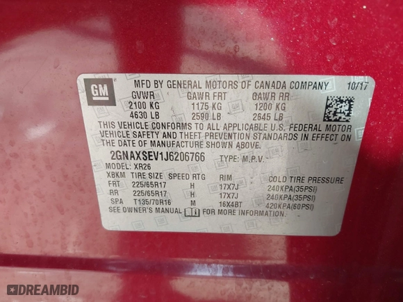 2018 Chevrolet Equinox LT with VIN 2GNAXSEV1J6206766, listed as a IAAI auction lot 41875776 with 135,105 mi miles. Bid and sale history available at carsss.com. Image 9.