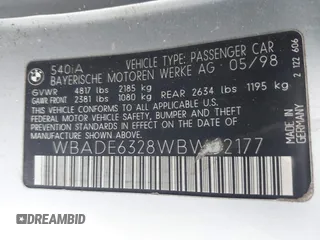 1998 BMW 5 Series 540i z VIN WBADE6328WBW62177, wystawiony jako IAAI lot #42450329 z przebiegiem Nie podano mil oraz . Historia ofert i sprzedaży dostępna na DreamBid. Obrazek 9.