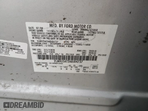 2010 Lincoln MKT EcoBoost with VIN 2LMHJ5AT2ABJ04737, listed as a Copart auction lot 50027895 with 176,887 mi miles and Salvage Title. Bid and sale history available at DreamBid. Image 14.