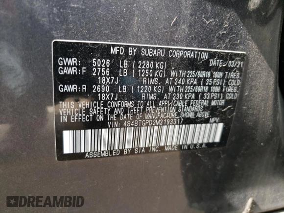 2021 Subaru Outback Touring XT with VIN 4S4BTGPD2M3193317, listed as a Copart auction lot 49117615 with 50,610 mi miles and Salvage title. Bid and sale history available at DreamBid. Image 13.