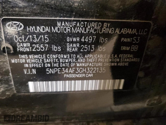 2016 Hyundai Sonata Sport with VIN 5NPE34AF3GH322135, listed as a Copart auction lot 55730525 with 100,404 mi miles and Non Repairable. Bid and sale history available at DreamBid. Image 13.