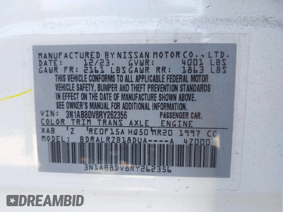 2024 Nissan Sentra SR with VIN 3N1AB8DV8RY262356, listed as a IAAI auction lot 41104932 with 5,880 mi miles and . Bid and sale history available at DreamBid. Image 9.