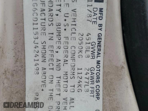 1988 Cadillac DeVille z VIN 1G6CD1153J4241498, wystawiony jako Copart lot #50236495 z przebiegiem 76 745 mil mil oraz Czysty tytuł • Clean title. Historia ofert i sprzedaży dostępna na DreamBid. Obrazek 12.