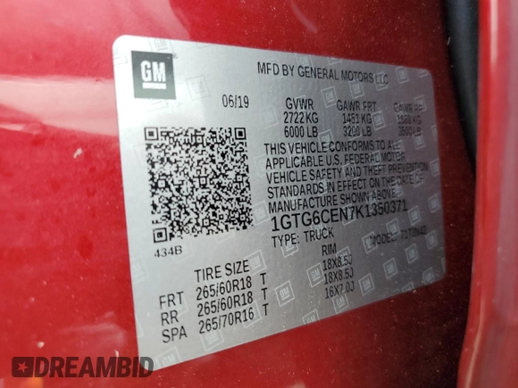 2019 GMC Canyon 4WD SLE with VIN 1GTG6CEN7K1350371, listed as a Copart auction lot 74199274 with 0 mi miles and Non Repairable. Bid and sale history available at carsss.com. Image 13.