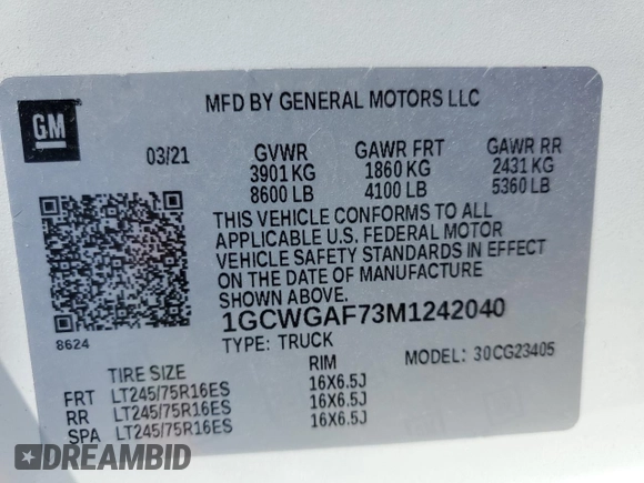 2021 Chevrolet Express Cargo with VIN 1GCWGAF73M1242040, listed as a Copart auction lot 41589245 with 41,195 mi miles and Salvage title. Bid and sale history available at DreamBid. Image 14.