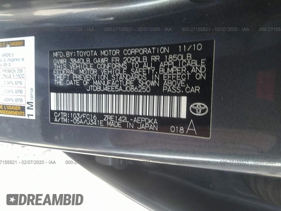 2010 Toyota Corolla with VIN JTDBU4EE5AJ086250, listed as a IAAI auction lot 27155521 with 138,596 mi miles and . Bid and sale history available at DreamBid. Image 9.