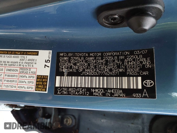 2007 Toyota Prius with VIN JTDKB20U777629371, listed as a IAAI auction lot 42160240 with 171,984 mi miles. Bid and sale history available at carsss.com. Image 9.
