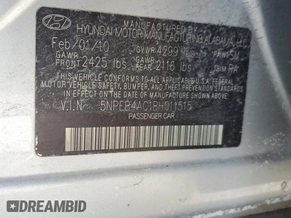 2011 Hyundai Sonata GLS with VIN 5NPEB4AC1BH011515, listed as a Copart auction lot 42422335 with 130,971 mi miles and Salvage Title. Bid and sale history available at carsss.com. Image 14.