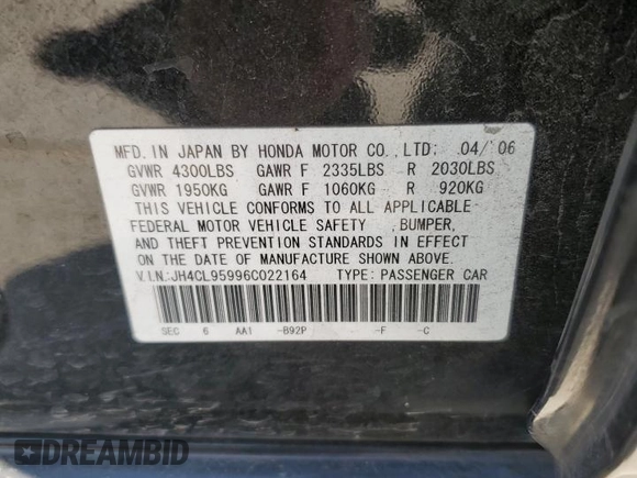2006 Acura TSX Navi with VIN JH4CL95996C022164, listed as a Copart auction lot 60137615 with 312,665 mi miles and Salvage title. Bid and sale history available at DreamBid. Image 12.