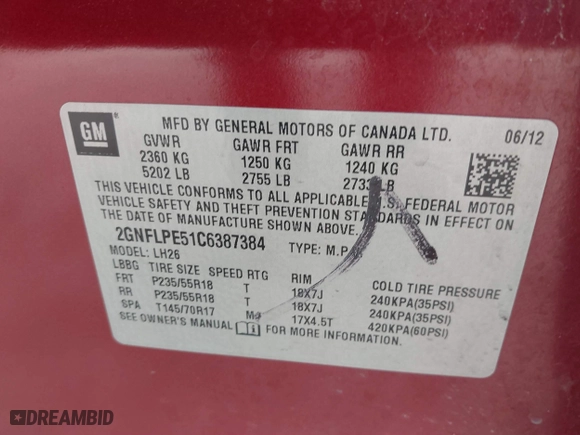 2012 Chevrolet Equinox LT w/2LT with VIN 2GNFLPE51C6387384, listed as a IAAI auction lot 41712219 with 155,753 mi miles. Bid and sale history available at carsss.com. Image 9.