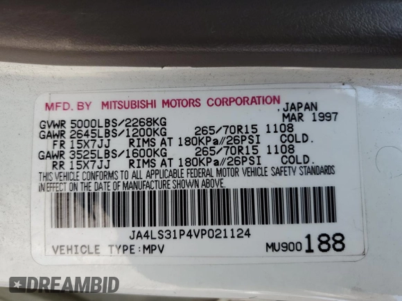 1997 Mitsubishi Montero z VIN JA4LS31P4VP021124, wystawiony jako Copart lot #55267115 z przebiegiem 320 661 mil mil oraz Czysty tytuł • Clean title. Historia ofert i sprzedaży dostępna na DreamBid. Obrazek 13.