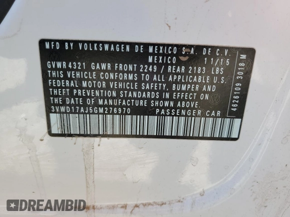 2016 Volkswagen Jetta Sport with VIN 3VWD17AJ5GM276970, listed as a Copart auction lot 61177255 with 147,423 mi miles and Salvage title. Bid and sale history available at DreamBid. Image 13.