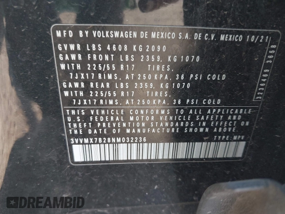 2022 Volkswagen Taos S с VIN 3VVMX7B28NM032236, выставлен на аукционе IAAI как лот 40396478 с пробегом 28 467 миль миль и . История ставок и продаж доступна на DreamBid. Изображение 9.