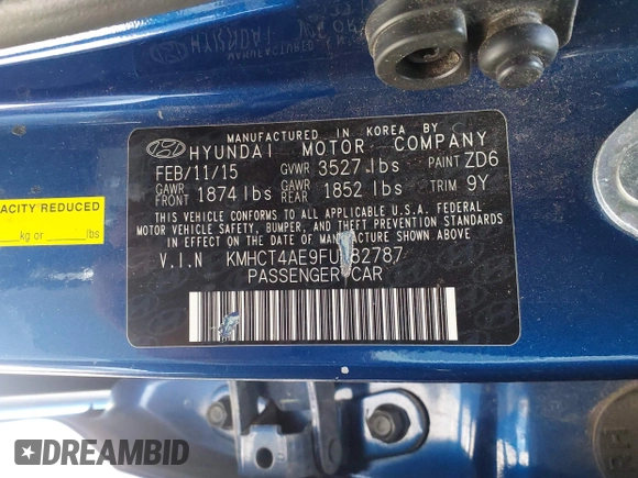 2015 Hyundai Accent GLS with VIN KMHCT4AE9FU882787, listed as a IAAI auction lot 42111570 with 98,119 mi miles. Bid and sale history available at carsss.com. Image 9.