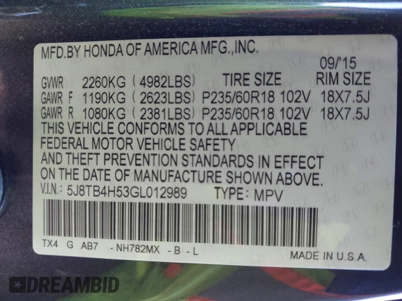 2016 Acura RDX Tech Pkg with VIN 5J8TB4H53GL012989, listed as a IAAI auction lot 41340473 with 109,056 mi miles. Bid and sale history available at carsss.com. Image 9.