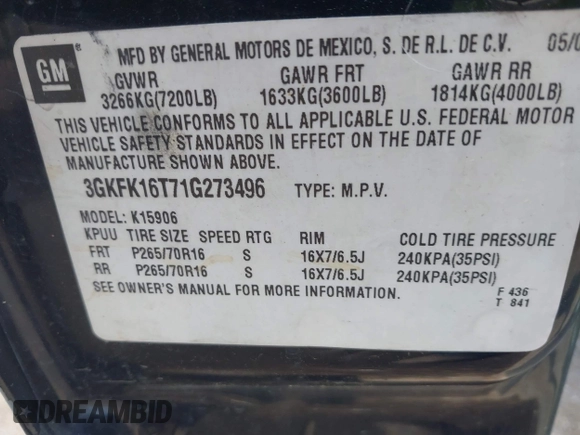 2001 GMC Yukon XL SLE with VIN 3GKFK16T71G273496, listed as a IAAI auction lot 41891755 with Not Provided miles. Bid and sale history available at carsss.com. Image 9.
