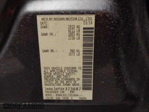 2014 Nissan Altima S with VIN 1N4AL3AP5EN373687, listed as a IAAI auction lot 41788822 with 127,116 mi miles and . Bid and sale history available at carsss.com. Image 9.