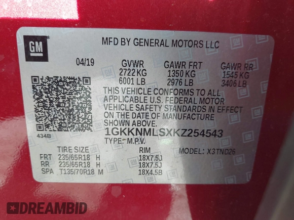 2019 GMC Acadia SLT with VIN 1GKKNMLSXKZ254543, listed as a IAAI auction lot 42484242 with 60,092 mi miles and . Bid and sale history available at DreamBid. Image 9.