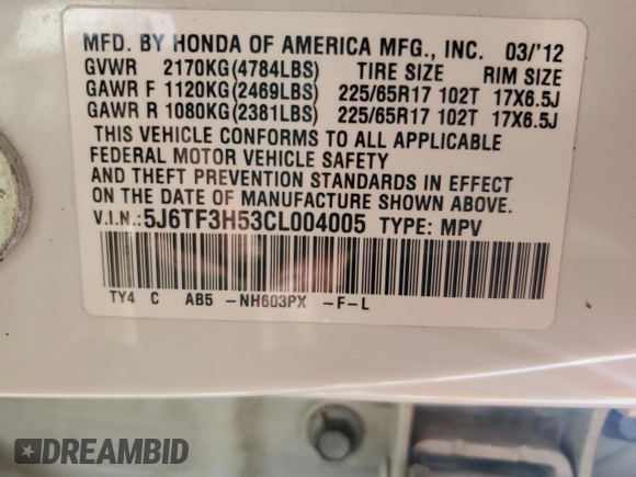 2012 Honda Crosstour EX-L with VIN 5J6TF3H53CL004005, listed as a Copart auction lot 73849554 with 0 mi miles and Salvage Title. Bid and sale history available at carsss.com. Image 13.
