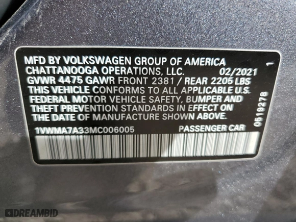 2021 Volkswagen Passat 2.0T R-Line with VIN 1VWMA7A33MC006005, listed as a Copart auction lot 45007025 with 41,677 mi miles and Non Repairable. Bid and sale history available at carsss.com. Image 13.