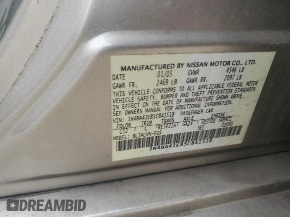 2005 Nissan Maxima 3.5 SE with VIN 1N4BA41E85C841518, listed as a Copart auction lot 48256535 with 226,023 mi miles and Salvage Title. Bid and sale history available at carsss.com. Image 14.