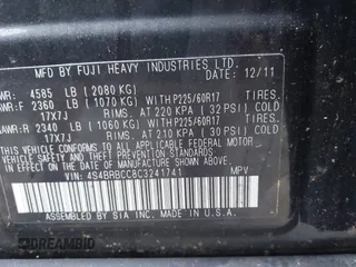 2012 Subaru Outback Prem with VIN 4S4BRBCC8C3241741, listed as a IAAI auction lot 42662260 with 166,769 mi miles and . Bid and sale history available at DreamBid. Image 9.