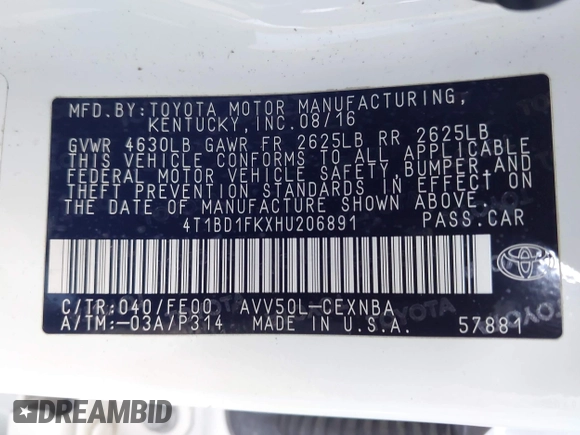 2017 Toyota Camry Hybrid LE with VIN 4T1BD1FKXHU206891, listed as a IAAI auction lot 41839609 with 142,744 mi miles. Bid and sale history available at carsss.com. Image 9.
