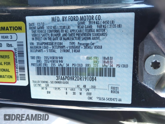 2013 Ford Fusion SE with VIN 3FA6P0HR2DR191084, listed as a IAAI auction lot 41640526 with 56,868 mi miles and . Bid and sale history available at DreamBid. Image 9.