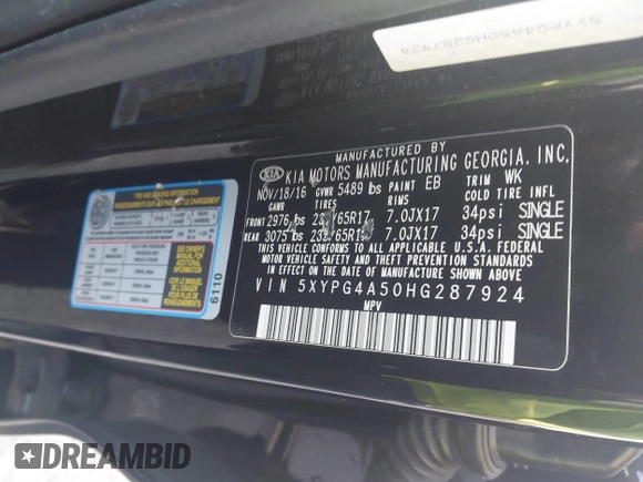 2017 Kia Sorento LX z VIN 5XYPG4A50HG287924, wystawiony jako IAAI lot #41078288 z przebiegiem Nie podano mil oraz . Historia ofert i sprzedaży dostępna na DreamBid. Obrazek 9.
