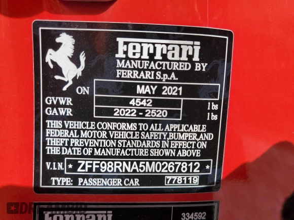 2021 Ferrari Roma z VIN ZFF98RNA5M0267812, wystawiony jako Copart lot #78847294 z przebiegiem Nie podano mil oraz Szkody całkowita. Historia ofert i sprzedaży dostępna na DreamBid. Obrazek 12.