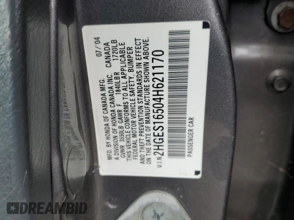 2004 Honda Civic LX with VIN 2HGES16504H621170, listed as a Copart auction lot 52159735 with 147,849 mi miles and Salvage Title. Bid and sale history available at carsss.com. Image 12.
