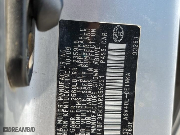 2010 Toyota Camry with VIN 4T4BF3EK3AR055251, listed as a Copart auction lot 52191085 with 250,892 mi miles and Salvage Title. Bid and sale history available at carsss.com. Image 12.