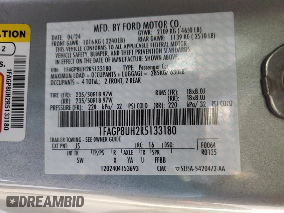 2024 Ford Mustang EcoBoost with VIN 1FAGP8UH2R5133180, listed as a Copart auction lot 87293434 with 24,451 mi miles and Salvage Title. Bid and sale history available at carsss.com. Image 12.