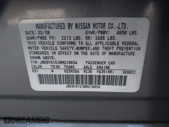 2008 Infiniti G35 Journey with VIN JNKBV61E38M218654, listed as a IAAI auction lot 42196718 with 216,678 mi miles. Bid and sale history available at carsss.com. Image 9.
